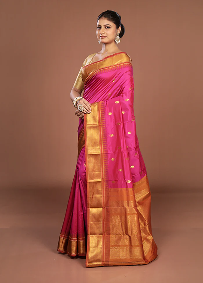 Pink Kanjivaram Silk Saree With Blouse Piece - Image 4