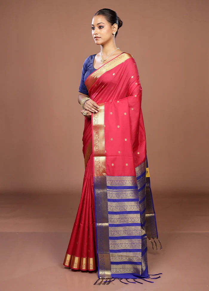 Pink Kanjivaram Silk Saree With Blouse Piece - Image 4