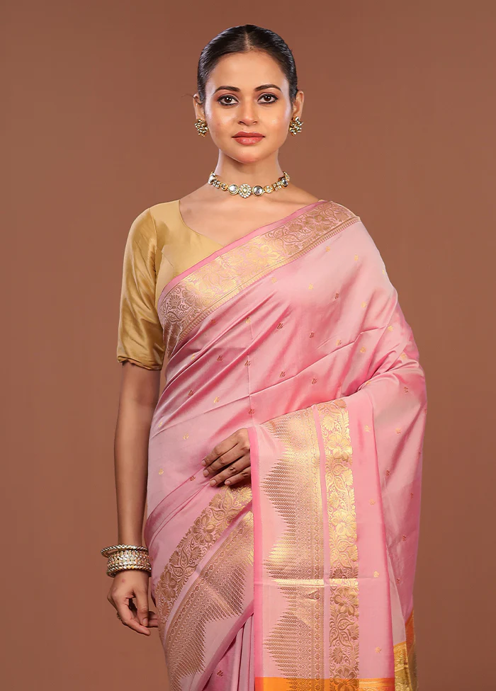 Pink Kanjivaram Silk Saree With Blouse Piece
