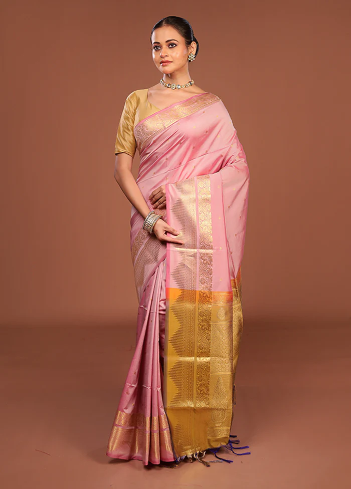Pink Kanjivaram Silk Saree With Blouse Piece - Image 4