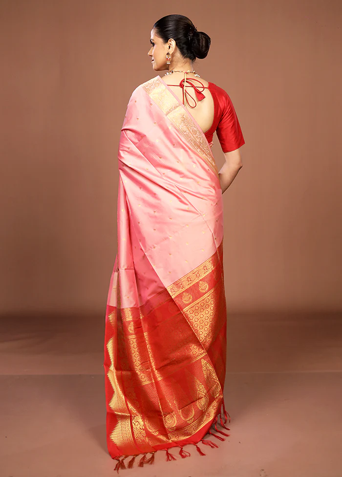 Pink Kanjivaram Silk Saree With Blouse Piece - Image 3