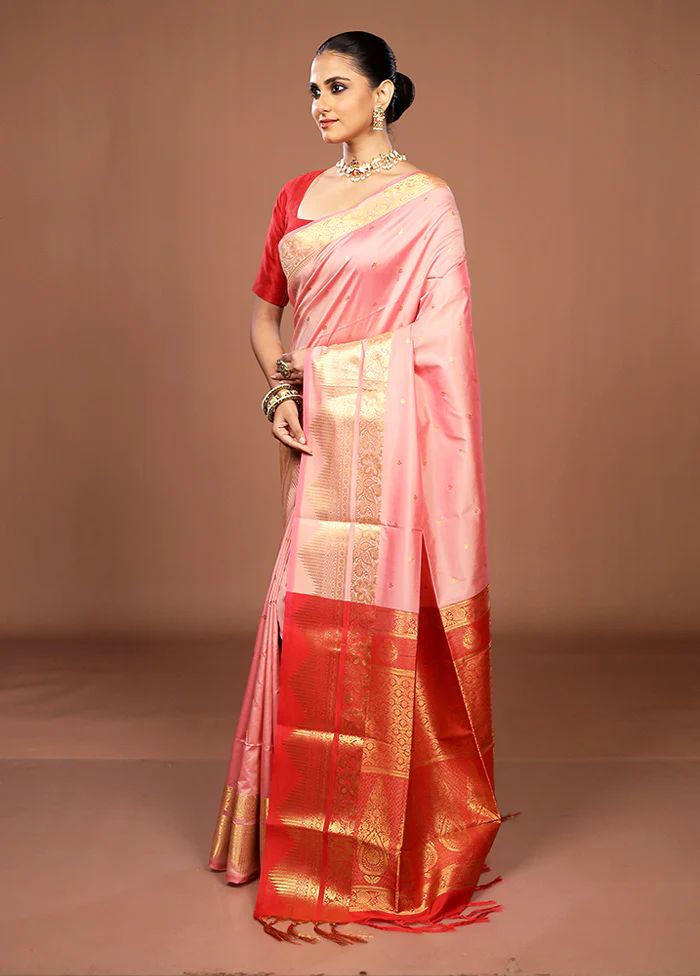 Pink Kanjivaram Silk Saree With Blouse Piece - Image 4
