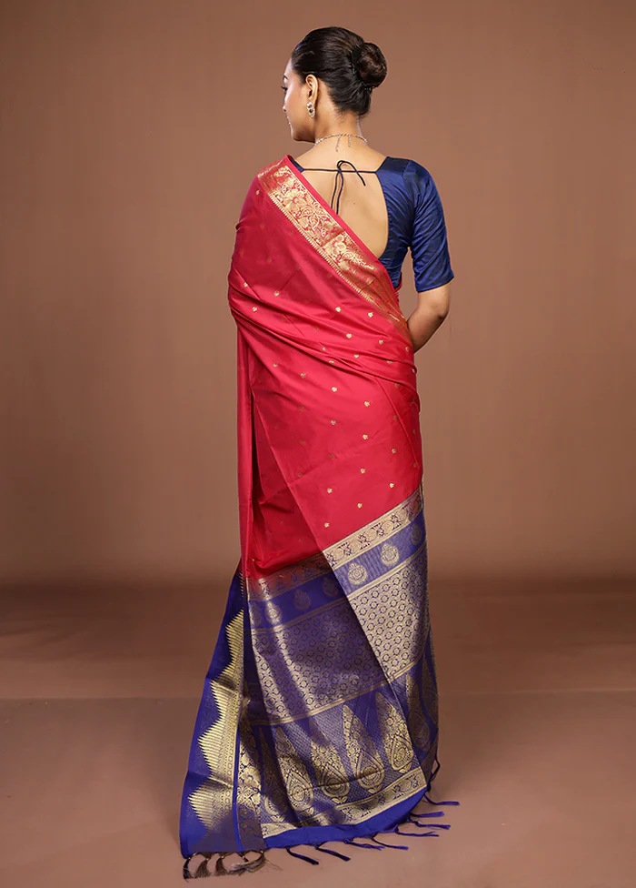 Pink Kanjivaram Silk Saree With Blouse Piece - Image 3