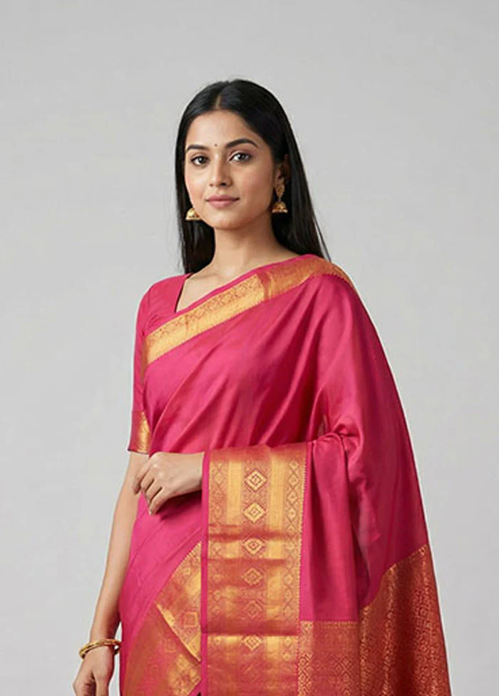 Pink Kanjivaram Silk Saree With Blouse Piece - Image 2