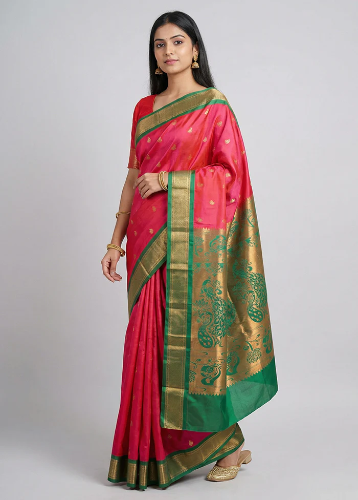 Pink Kanjivaram Silk Saree With Blouse Piece