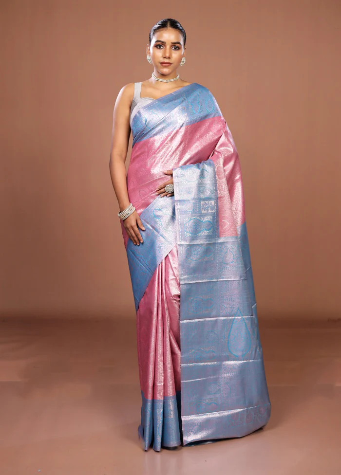 Pink Kanjivaram Silk Saree With Blouse Piece - Image 2