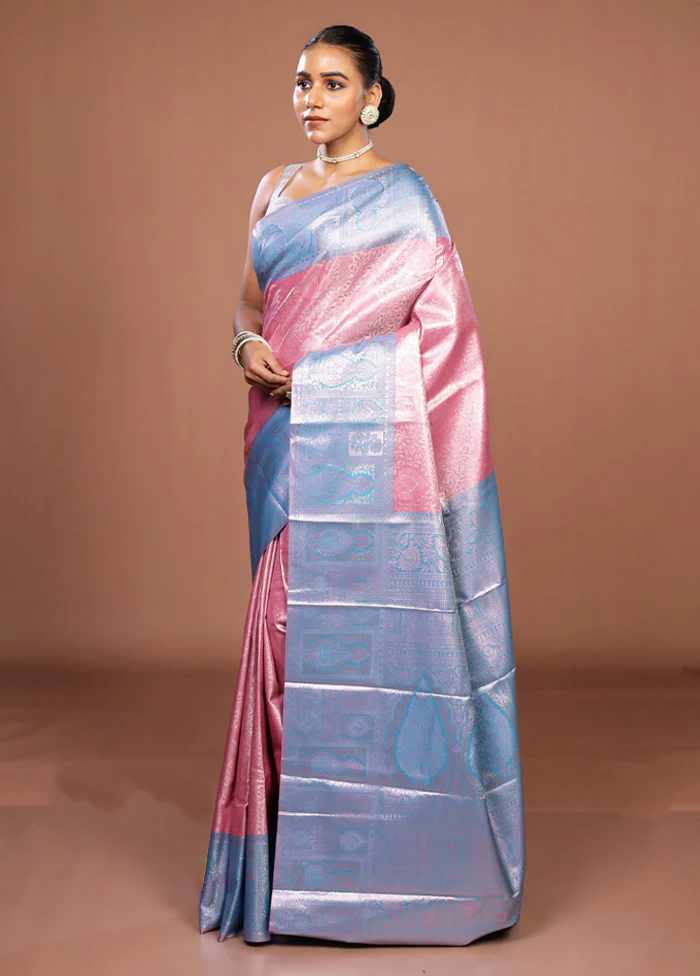 Pink Kanjivaram Silk Saree With Blouse Piece - Image 4