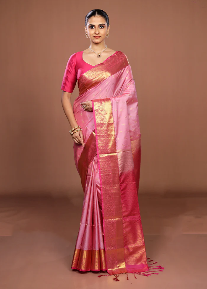 Pink Kanjivaram Silk Saree With Blouse Piece - Image 2