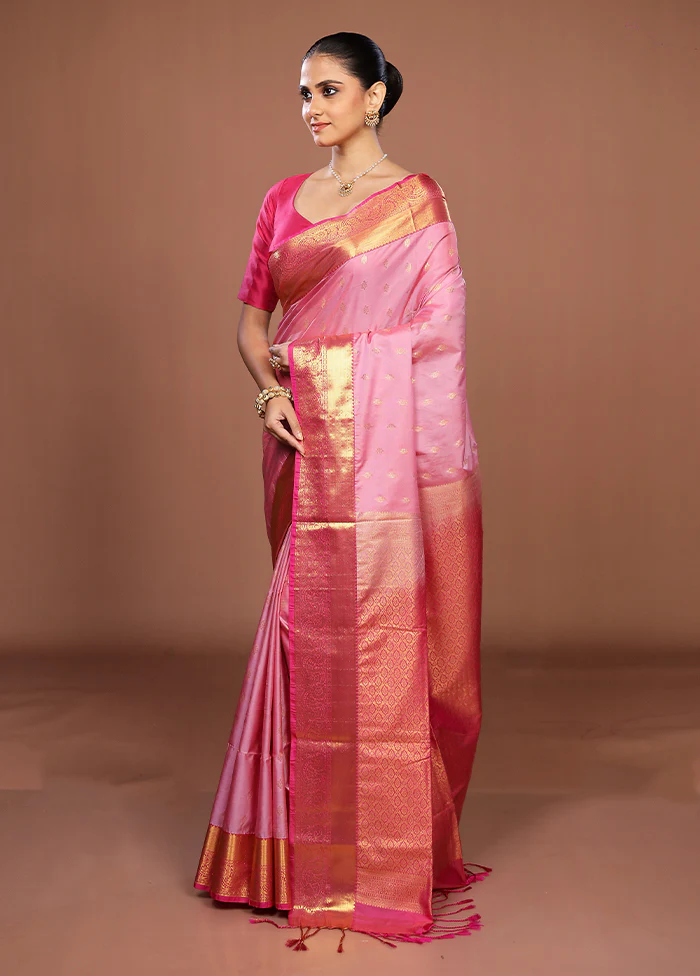Pink Kanjivaram Silk Saree With Blouse Piece - Image 4