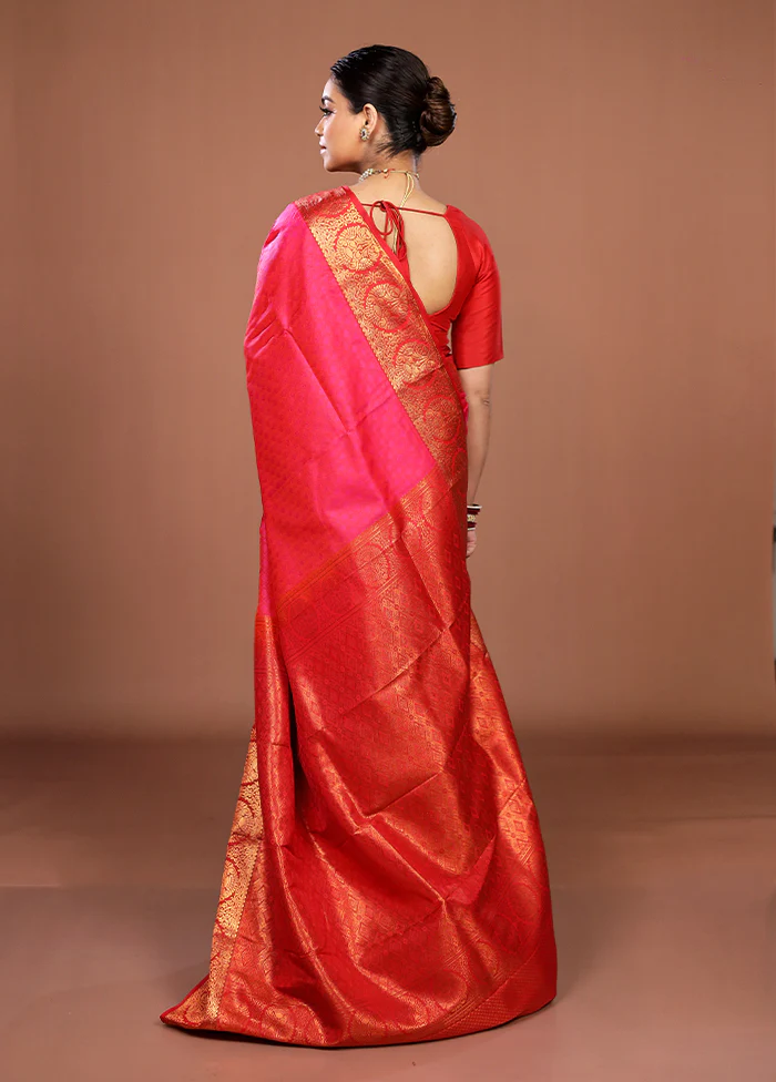 Pink Kanjivaram Silk Saree With Blouse Piece - Image 3