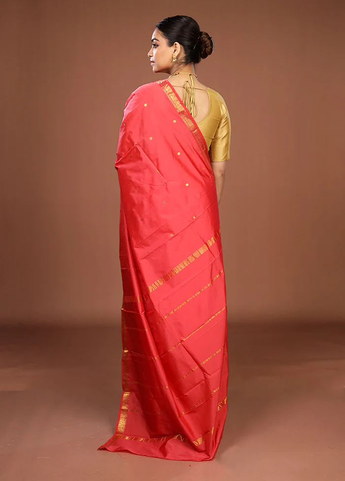 Pink Kanjivaram Silk Saree With Blouse Piece - Image 3