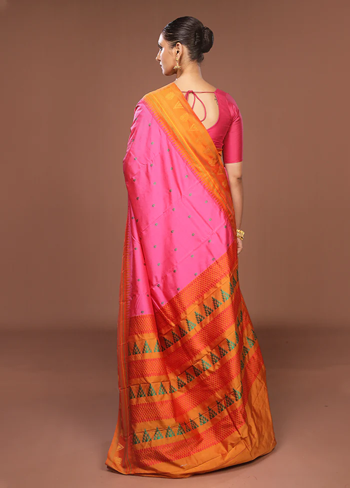 Pink Kanjivaram Silk Saree With Blouse Piece - Image 3