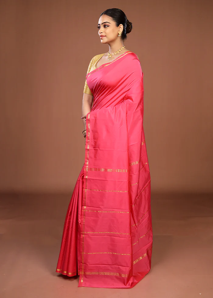 Pink Kanjivaram Silk Saree With Blouse Piece - Image 4
