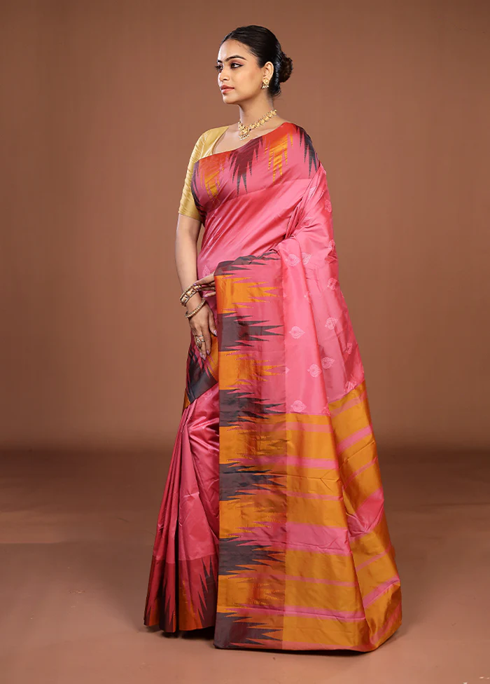 Pink Kanjivaram Silk Saree With Blouse Piece - Image 4
