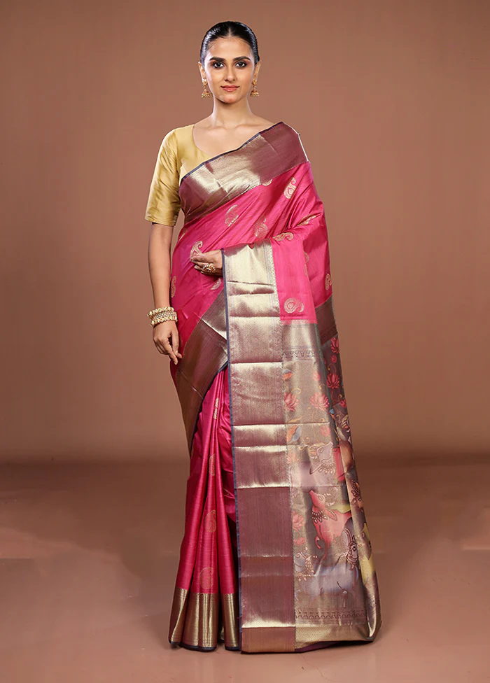 Pink Kanjivaram Silk Saree With Blouse Piece - Image 2