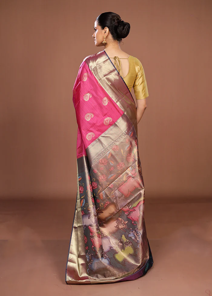 Pink Kanjivaram Silk Saree With Blouse Piece - Image 3
