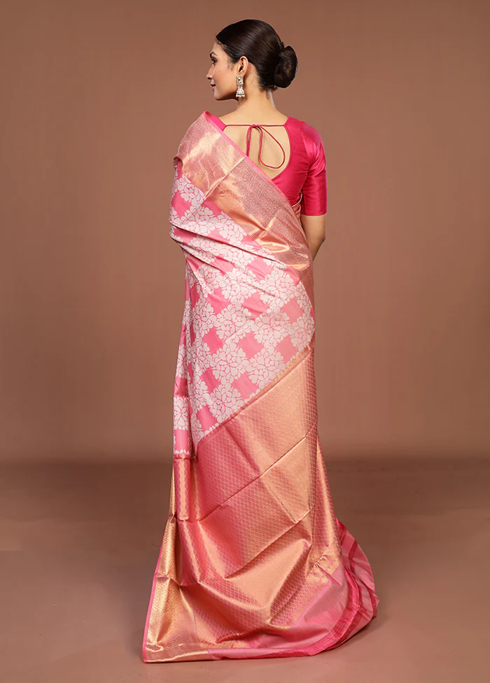 Pink Kanjivaram Silk Saree With Blouse Piece - Image 3