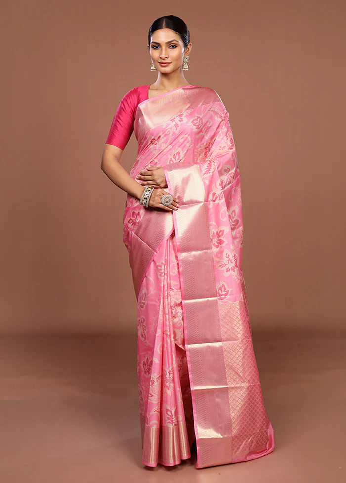 Pink Kanjivaram Silk Saree With Blouse Piece - Image 2