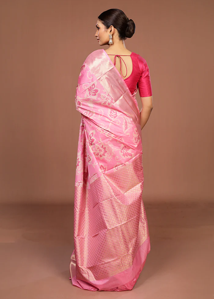 Pink Kanjivaram Silk Saree With Blouse Piece - Image 3