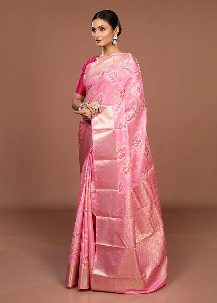Pink Kanjivaram Silk Saree With Blouse Piece - Image 4
