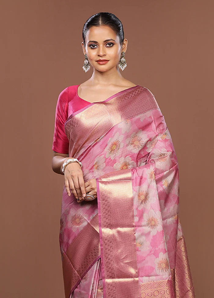 Pink Kanjivaram Silk Saree With Blouse Piece