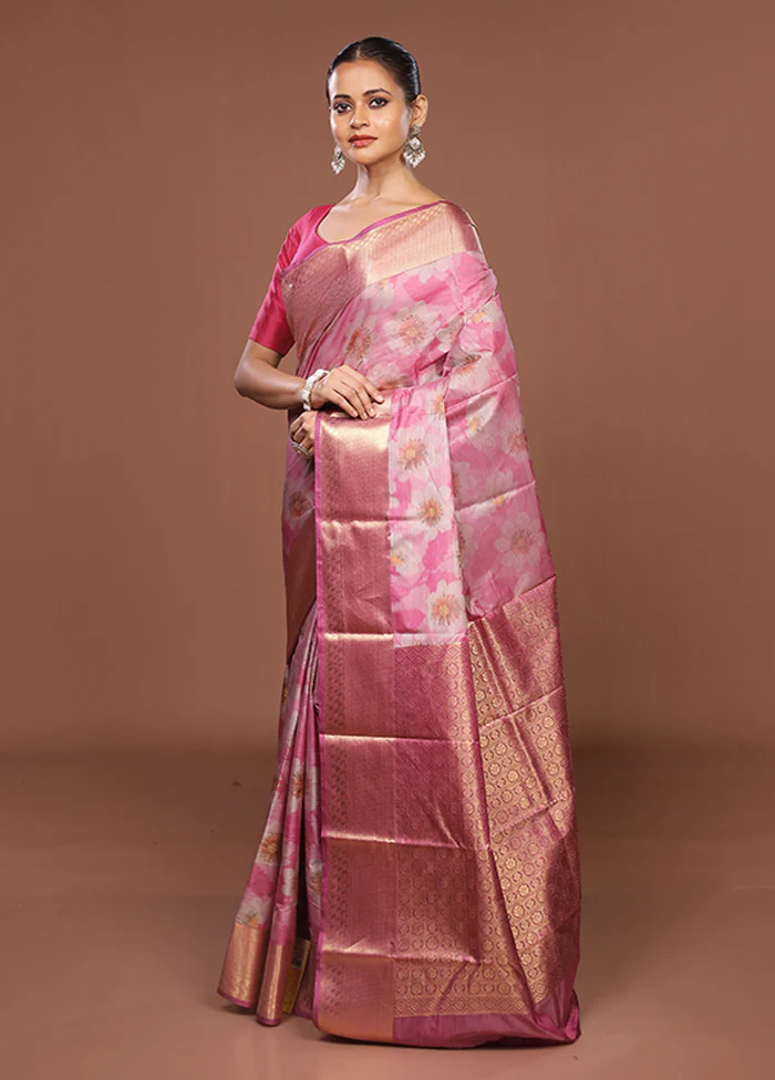 Pink Kanjivaram Silk Saree With Blouse Piece - Image 4