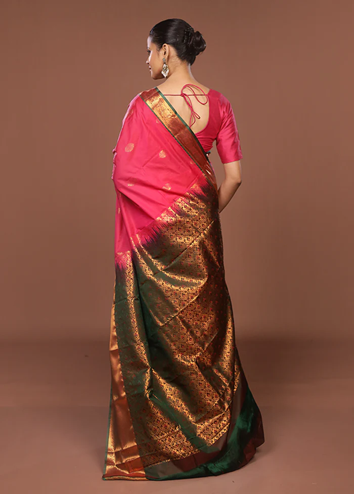 Pink Kanjivaram Silk Saree With Blouse Piece - Image 3