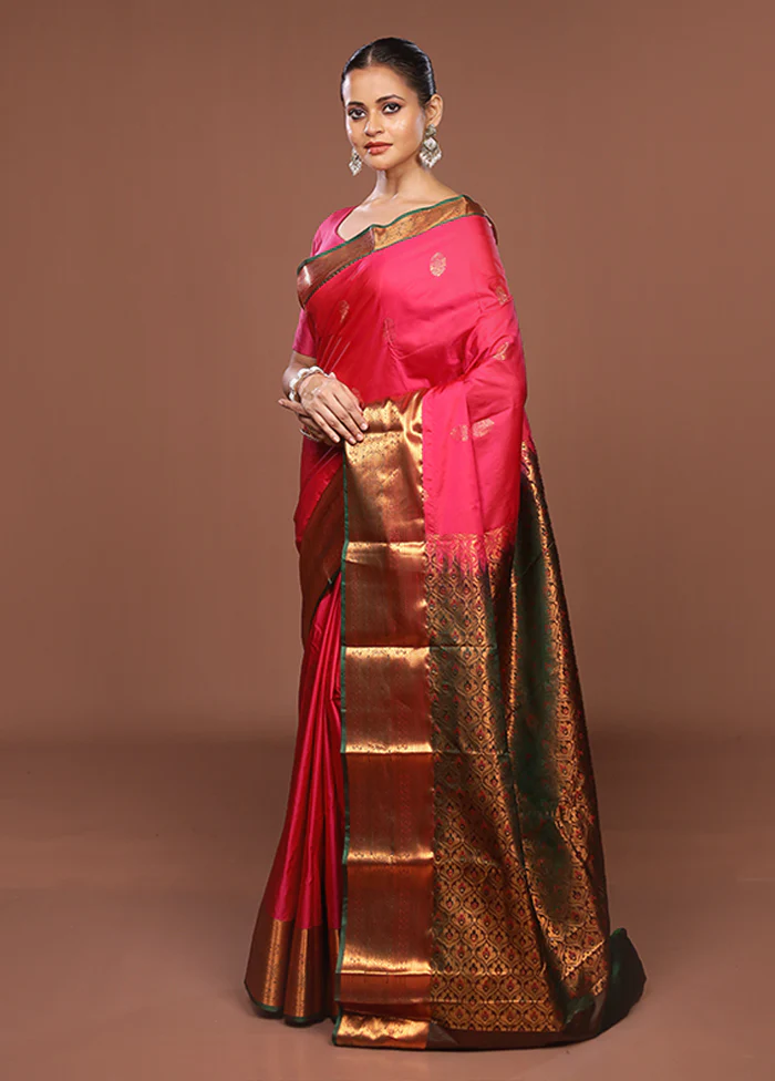 Pink Kanjivaram Silk Saree With Blouse Piece - Image 4