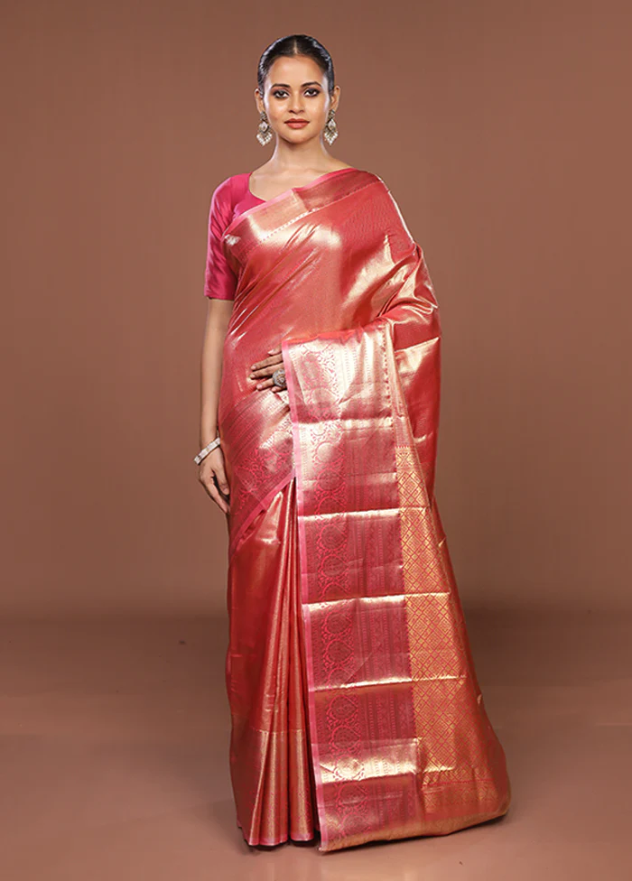 Pink Kanjivaram Silk Saree With Blouse Piece - Image 2