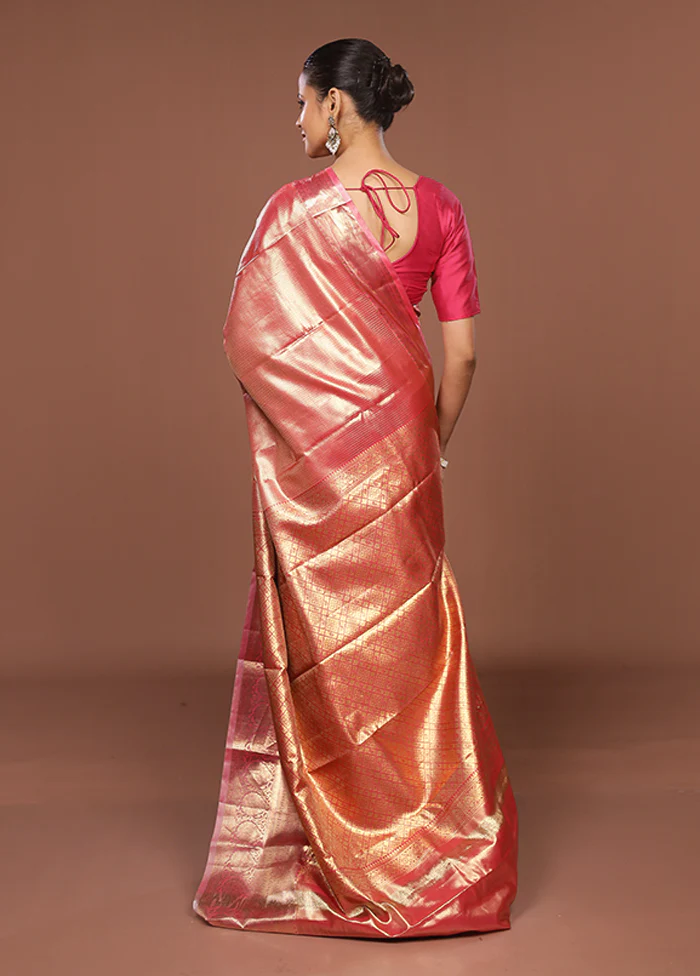 Pink Kanjivaram Silk Saree With Blouse Piece - Image 3