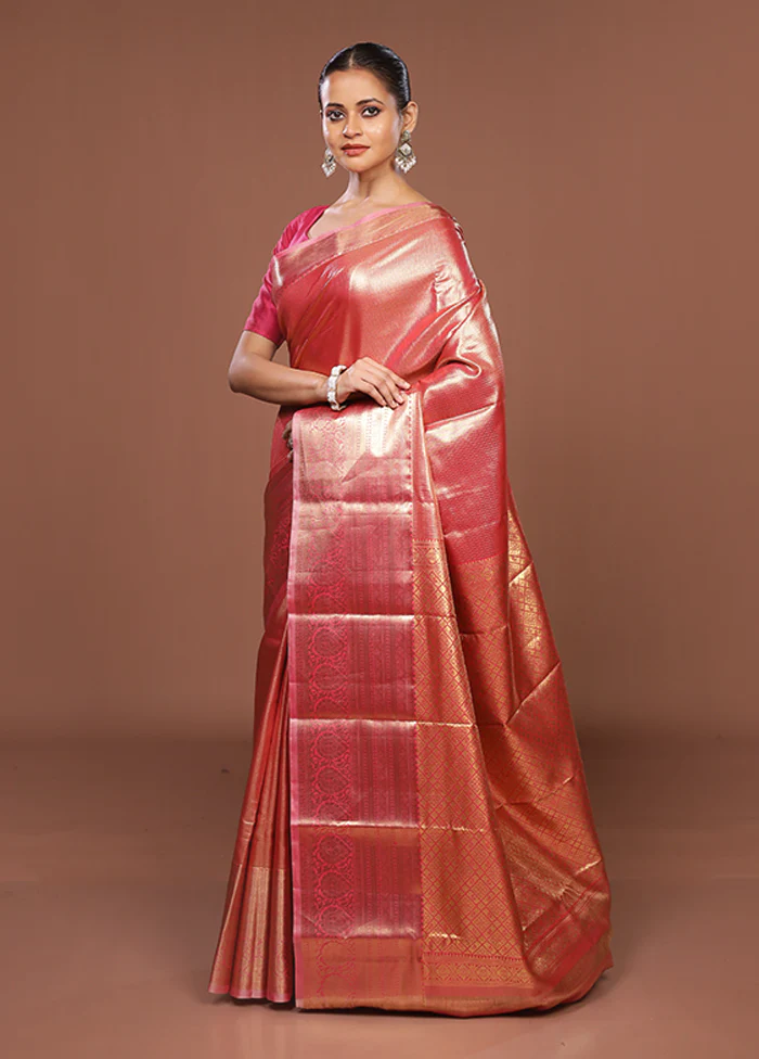 Pink Kanjivaram Silk Saree With Blouse Piece - Image 4