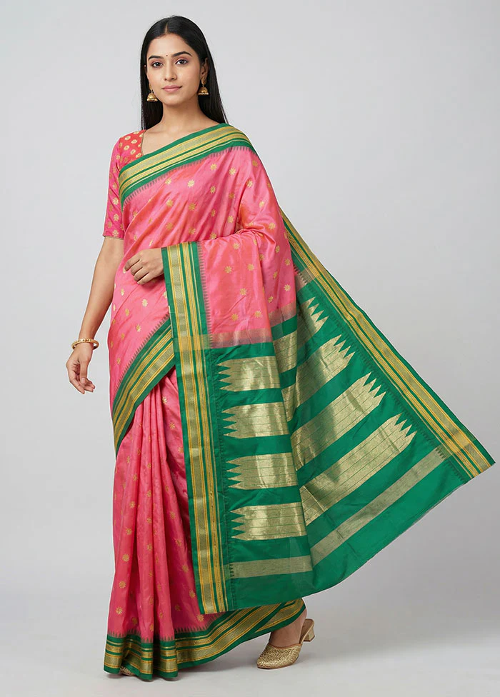 Pink Kanjivaram Silk Saree With Blouse Piece