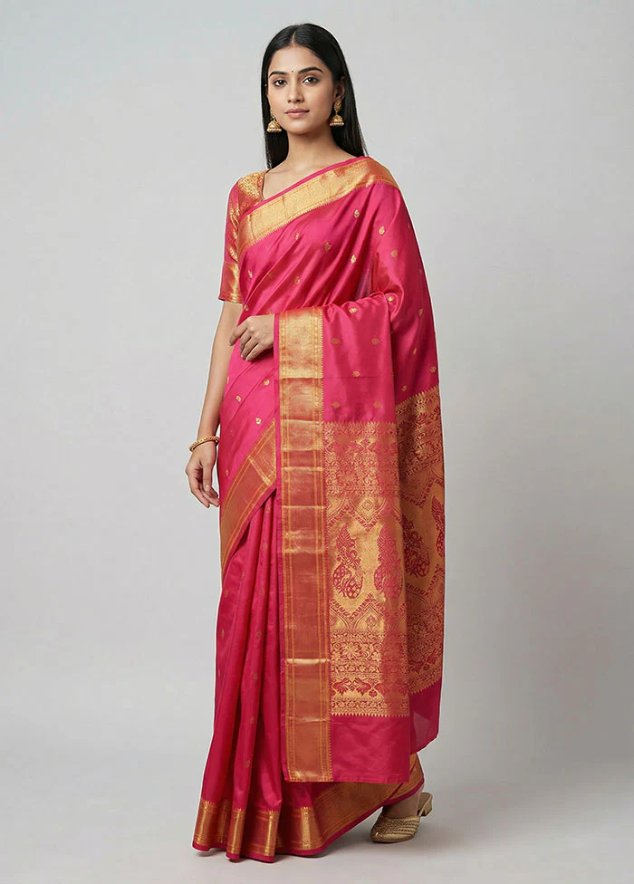 Pink Kanjivaram Silk Saree With Blouse Piece