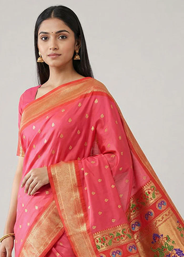 Pink Kanjivaram Silk Saree With Blouse Piece - Image 2