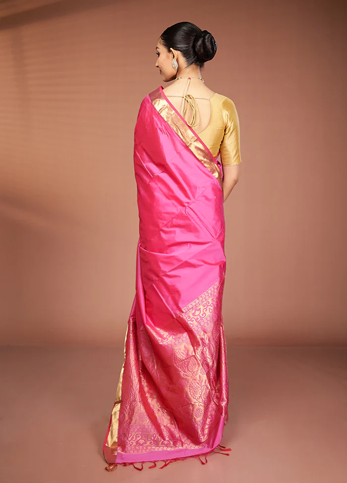 Pink Kanjivaram Silk Saree With Blouse Piece - Image 3