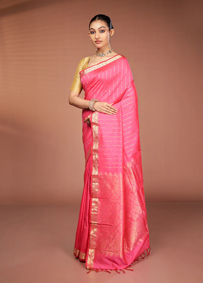 Pink Kanjivaram Silk Saree With Blouse Piece - Image 4