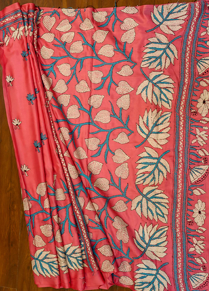 Pink Kantha Stitch Silk Saree With Blouse Piece - Image 3