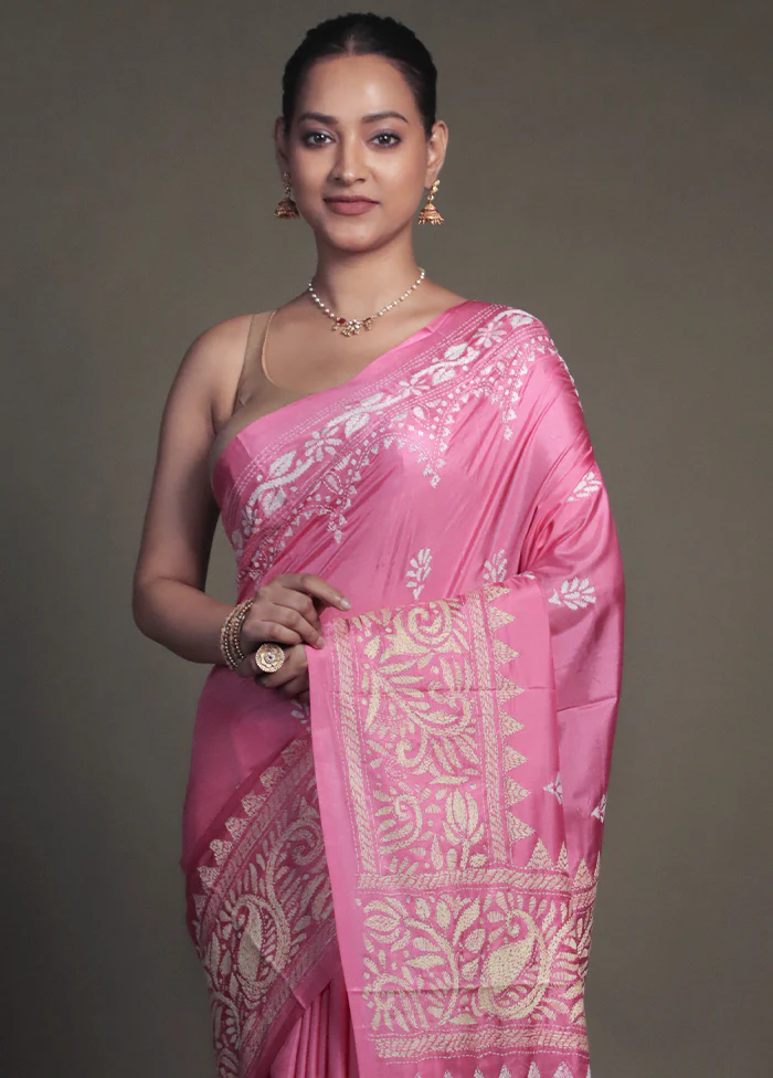 Pink Kantha Stitch Silk Saree With Blouse Piece - Image 2