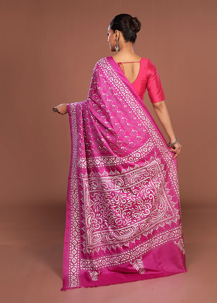 Pink Kantha Stitch Silk Saree With Blouse Piece - Image 3