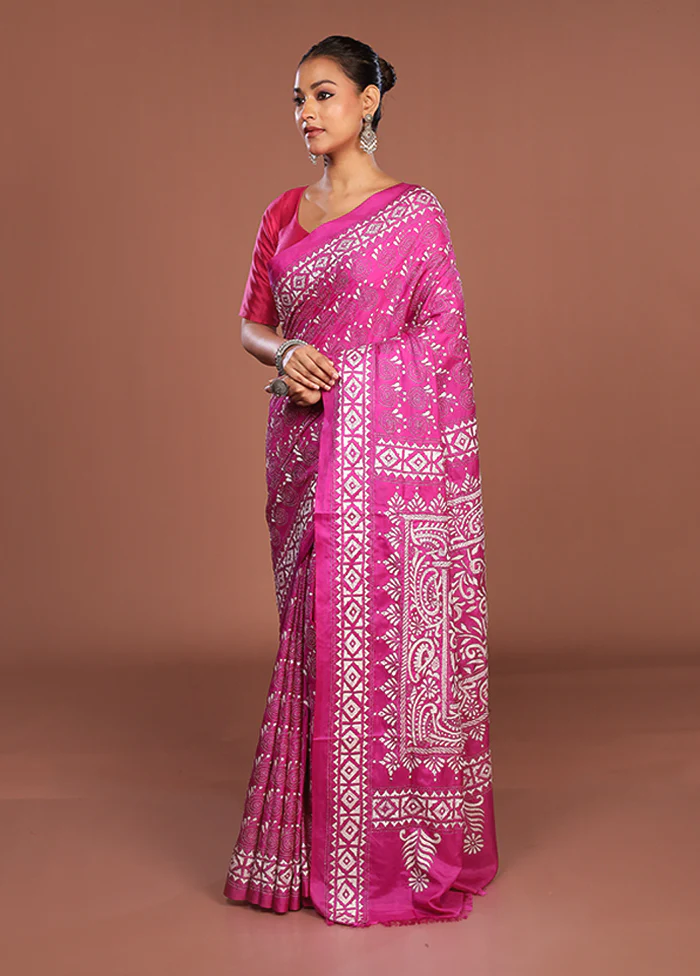 Pink Kantha Stitch Silk Saree With Blouse Piece - Image 4
