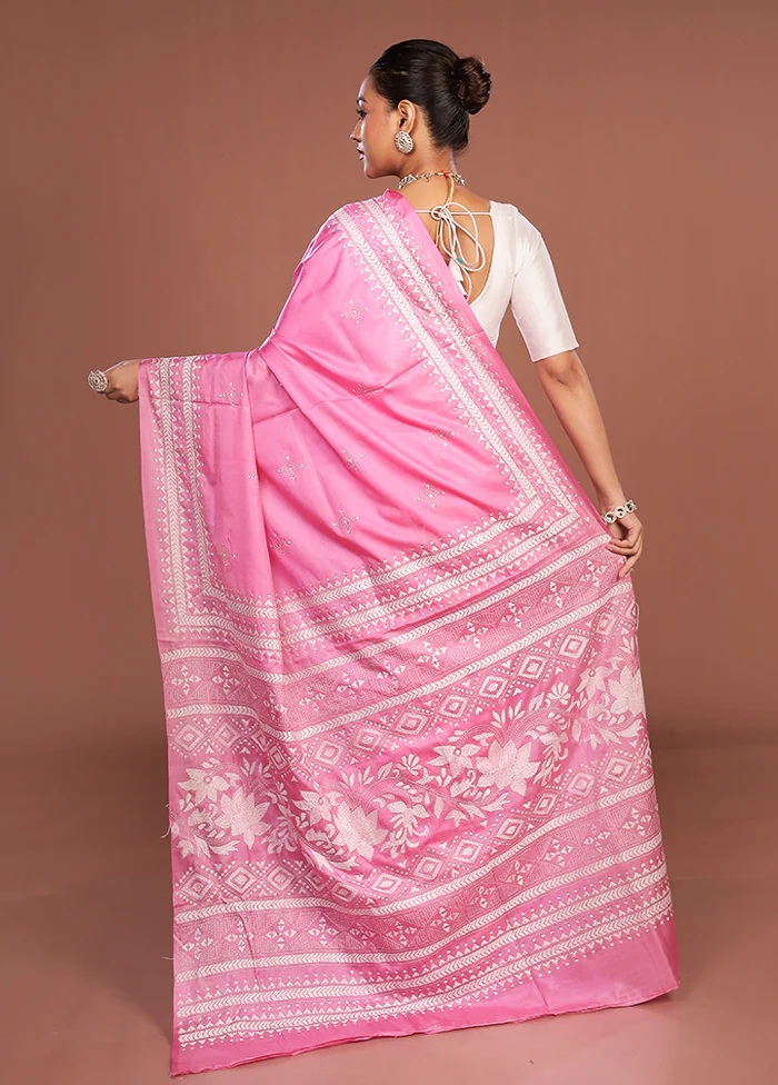 Pink Kantha Stitch Silk Saree With Blouse Piece - Image 3