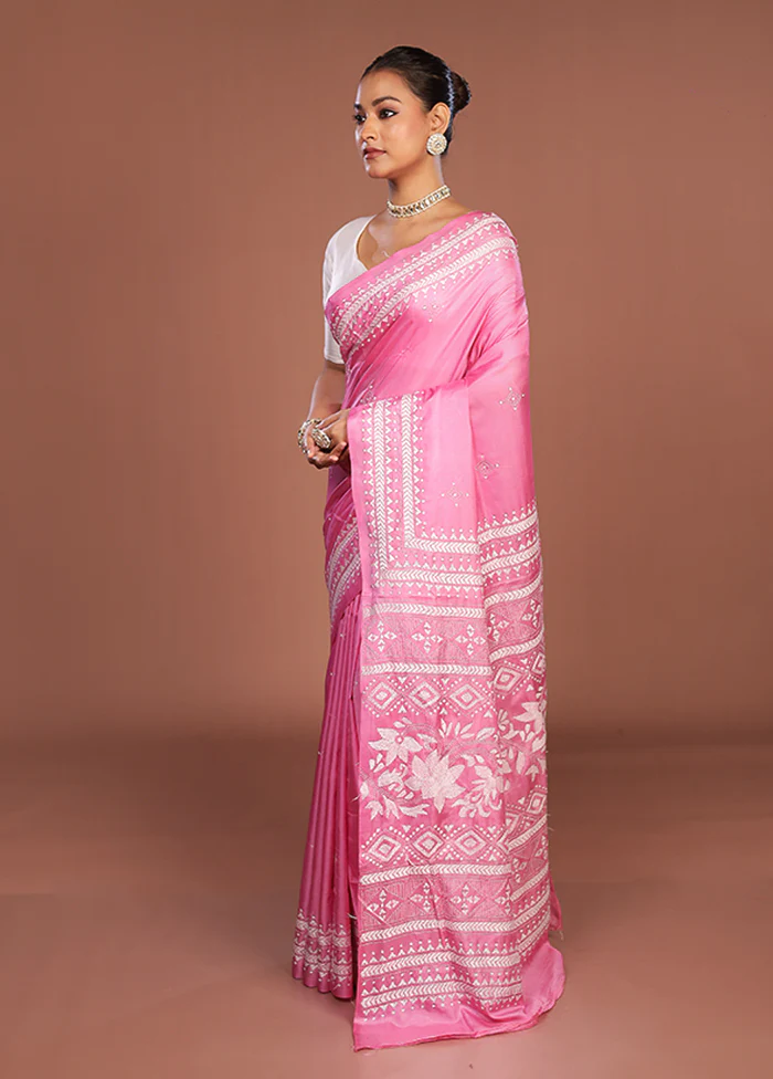 Pink Kantha Stitch Silk Saree With Blouse Piece - Image 4