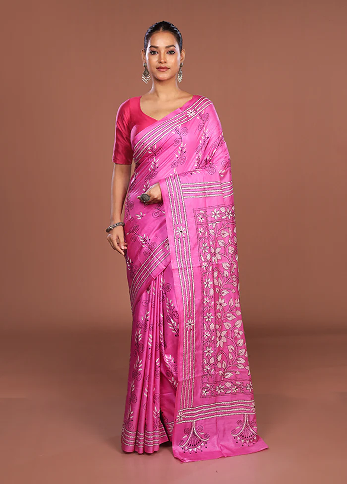 Pink Kantha Stitch Silk Saree With Blouse Piece - Image 2