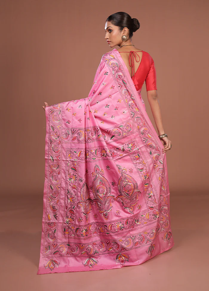 Pink Kantha Stitch Silk Saree With Blouse Piece - Image 3