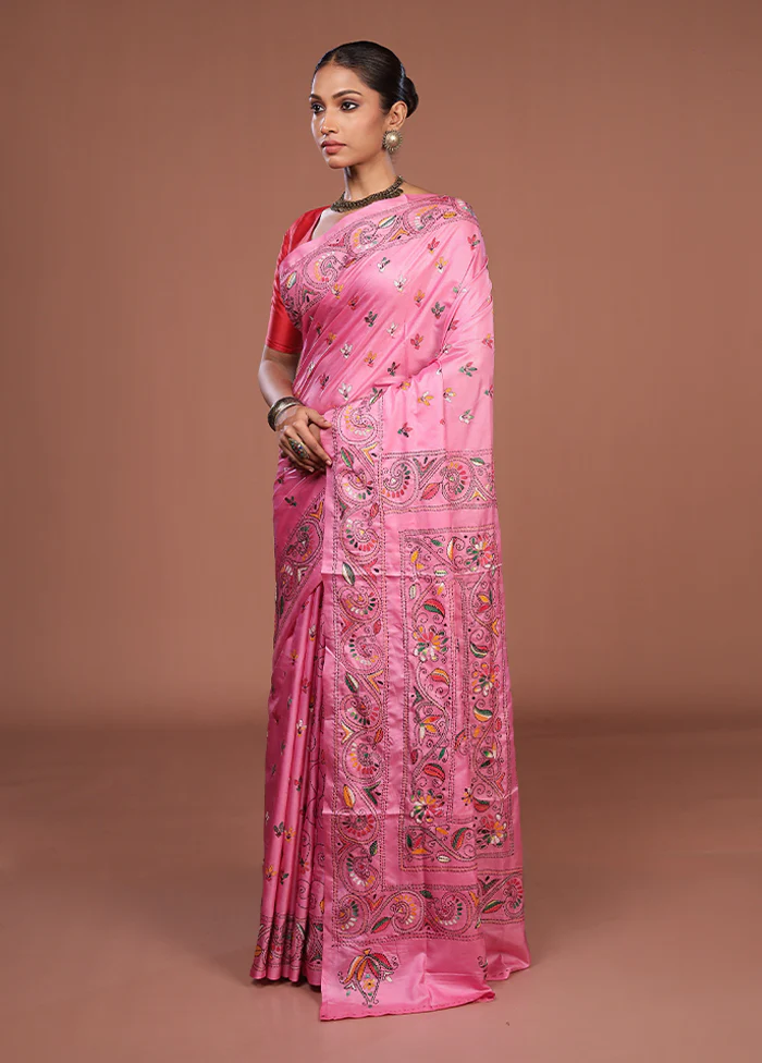 Pink Kantha Stitch Silk Saree With Blouse Piece - Image 4