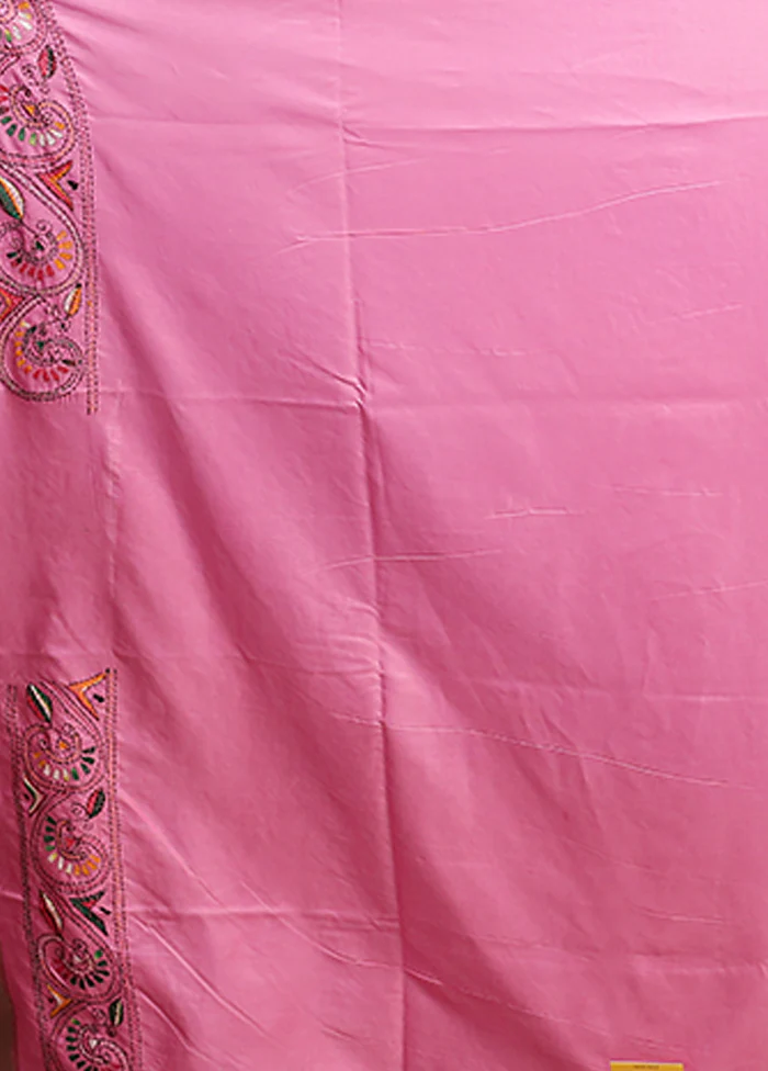 Pink Kantha Stitch Silk Saree With Blouse Piece - Image 5