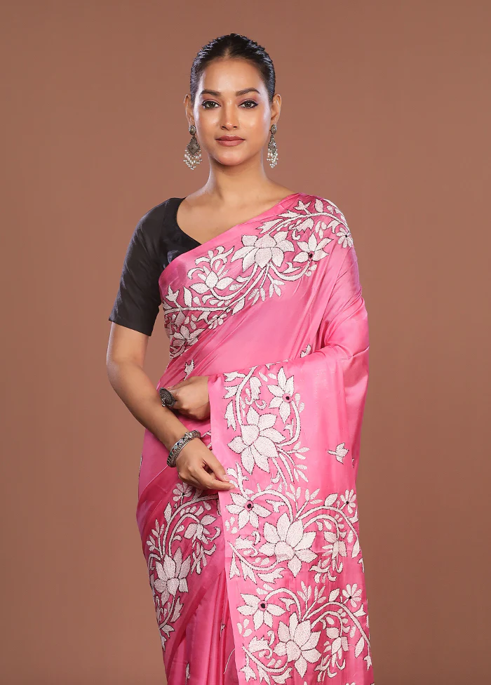 Pink Kantha Stitch Silk Saree With Blouse Piece