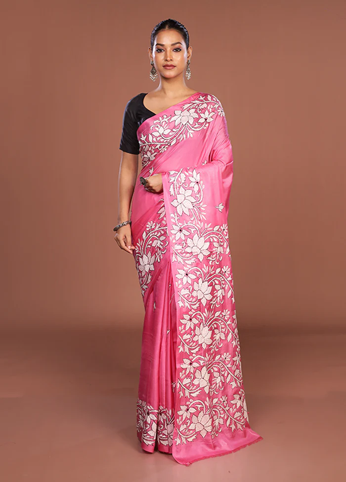 Pink Kantha Stitch Silk Saree With Blouse Piece - Image 2