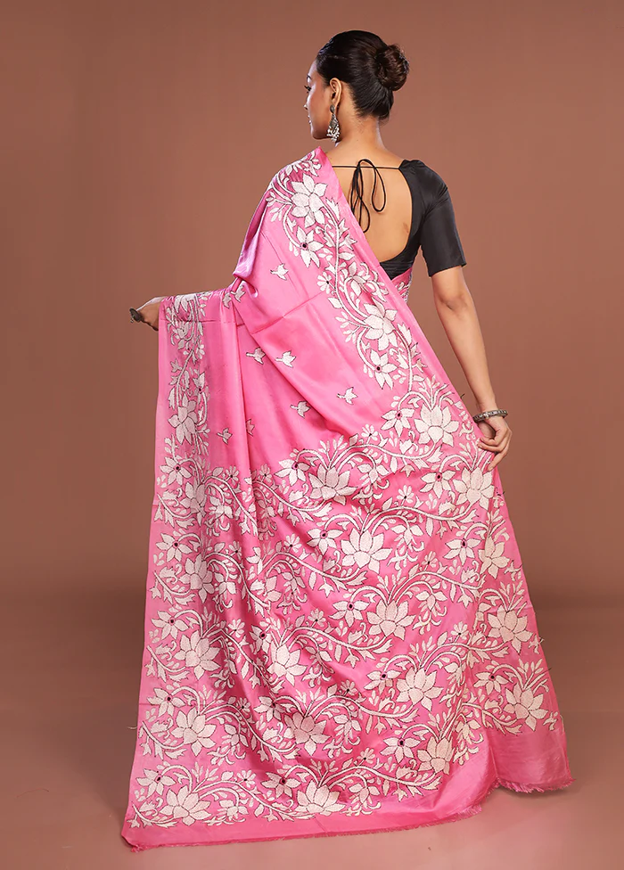 Pink Kantha Stitch Silk Saree With Blouse Piece - Image 3