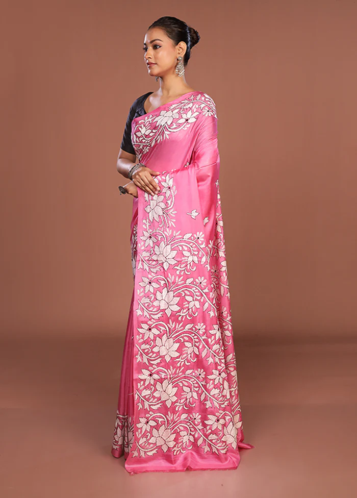 Pink Kantha Stitch Silk Saree With Blouse Piece - Image 4